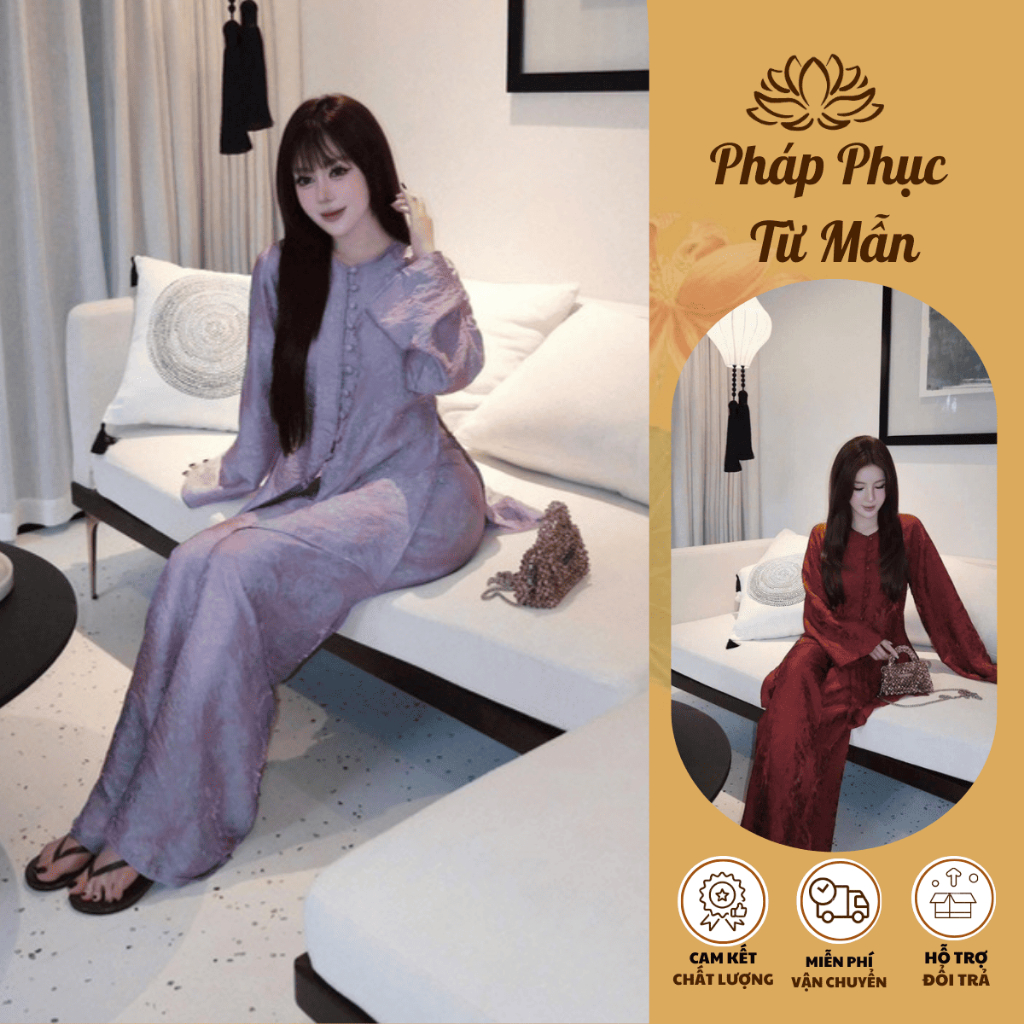 [Hạ Vy] Bà ba đi chùa Tằm cao cấp cổ tròn cúc bọc dài tay Pháp phục cách tân gấm vân Thọ mềm mịn