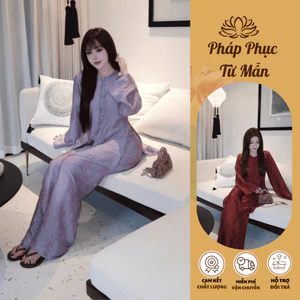 Bà ba đi chùa Tằm cao cấp cổ tròn cúc bọc dài tay Pháp phục cách tân gấm vân Thọ mềm mịn