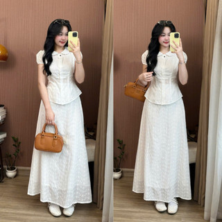 Set Áo Sơ Mi Tay Bồng Mix Chân Váy Midi Ren Thô Boil Dáng Dài Cạp Chun Có Lót Trong – Set Đồ Nữ Tiểu Thư 247Store