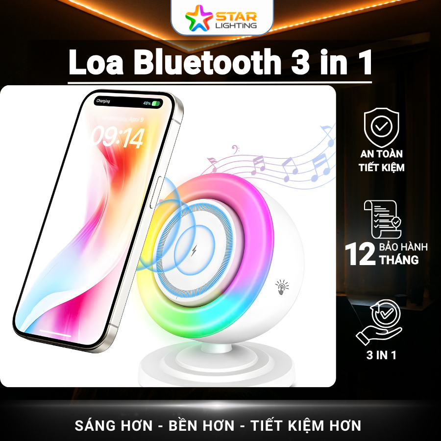 Loa bluetooth 5.1 3 in 1, sạc không dây, loa, đèn led RGB, giá đỡ điện ...