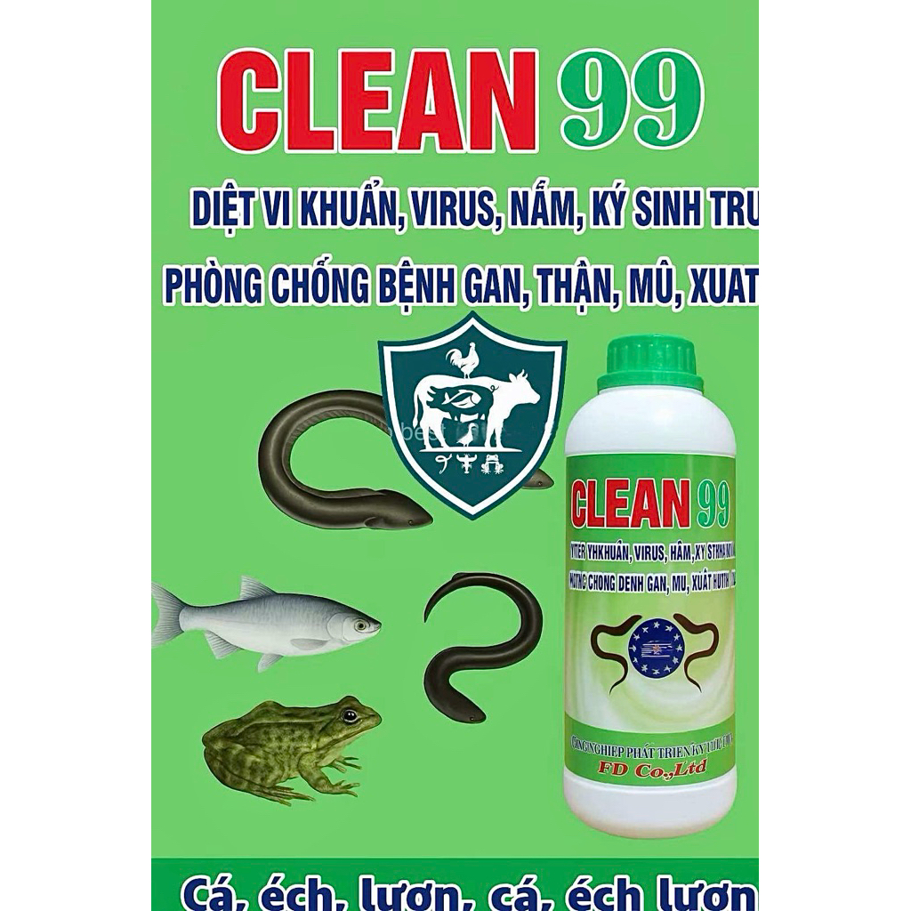 CLEAN 99 Diệt vi khuẩn, virus, nấm và ký sinh trùng, ngừa các bệnh gan thận, xuất huyết cho cá, lươn, ếch... chai (1lít)