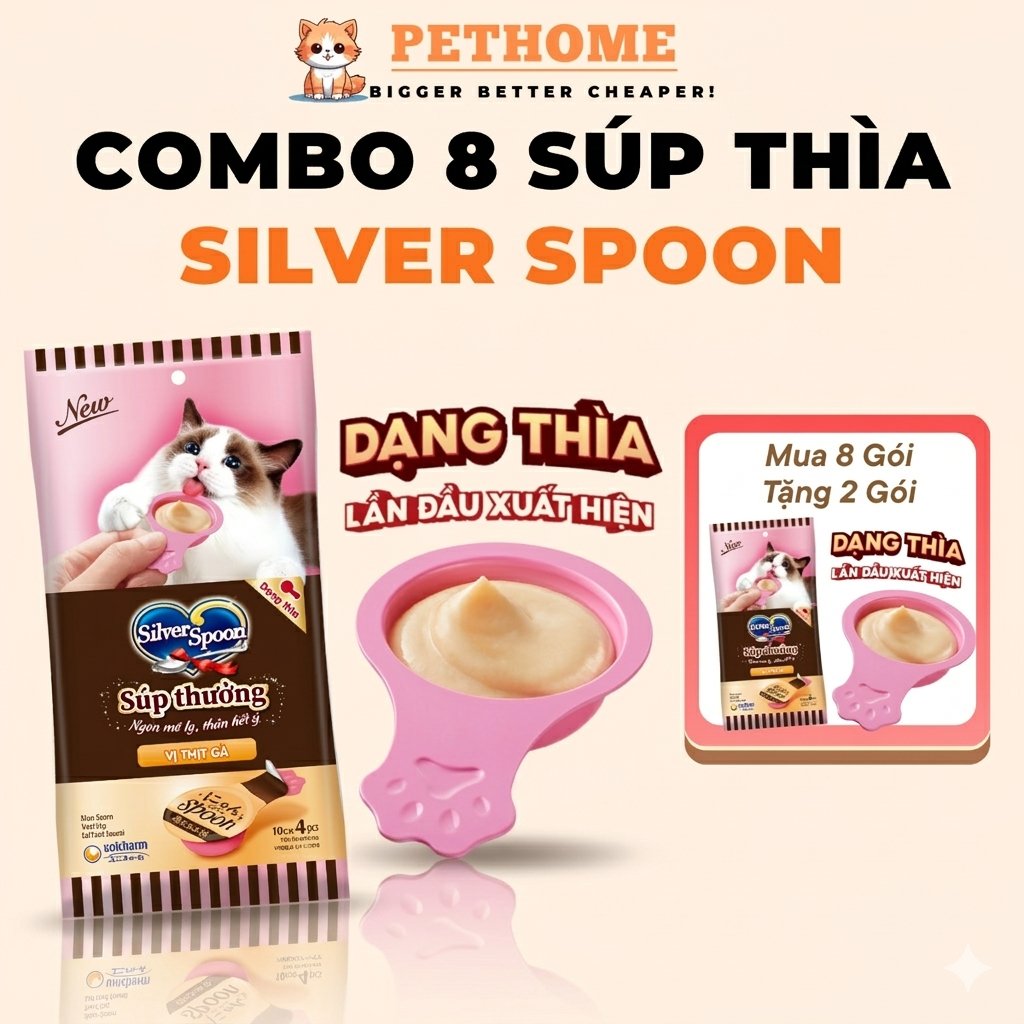 [Combo 8] Súp Thưởng Dạng Thìa Silver Spoon Cho Mèo Unicharm Dạng Thìa Đủ 6 Hương Vị Bổ Sung Vitamin