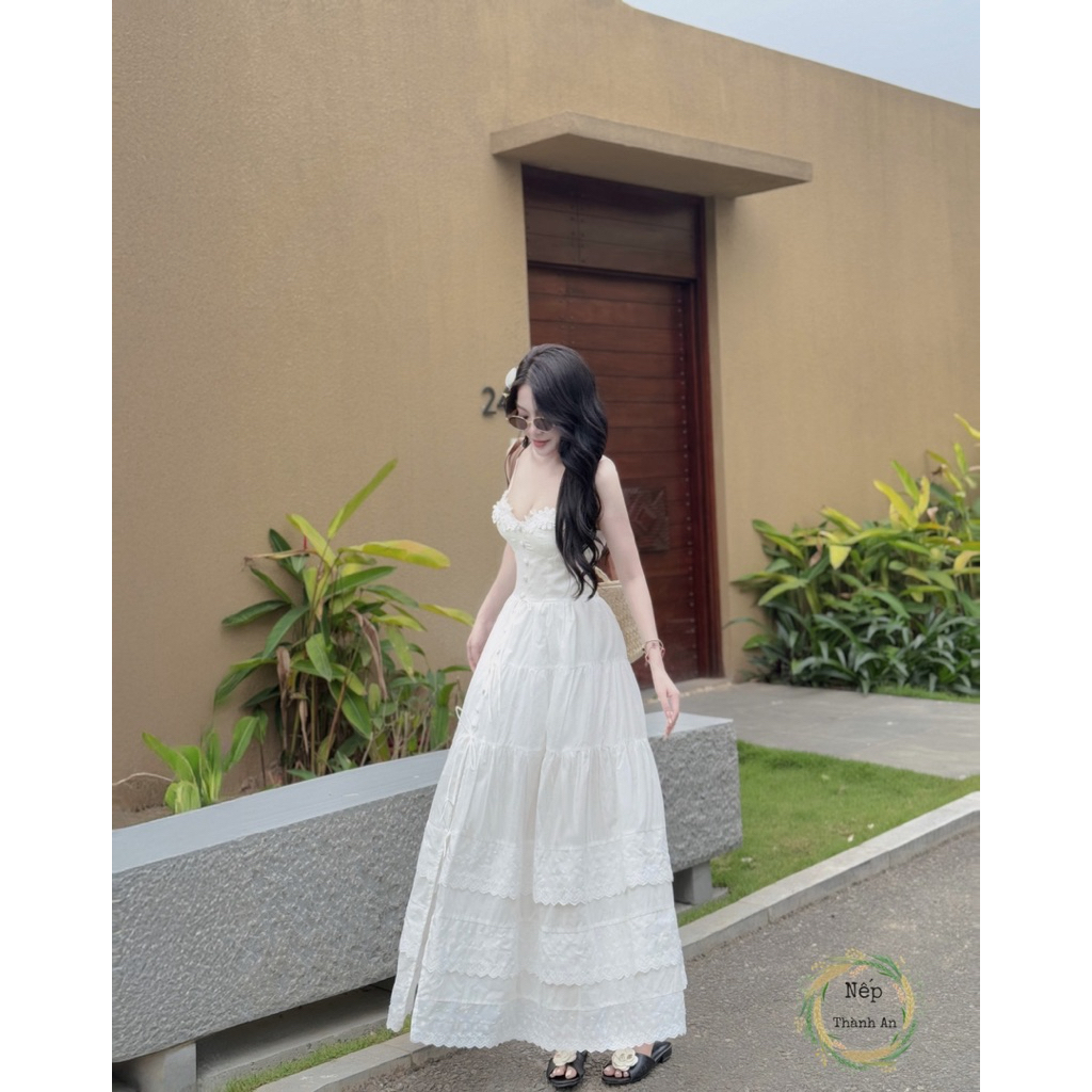 Đầm 2 dây maxi thô dập ren