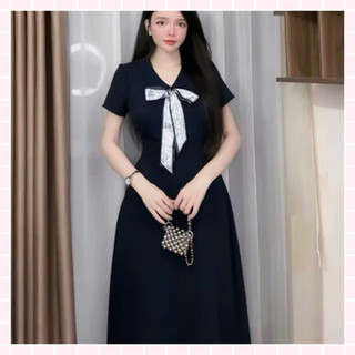 (Y11) Váy Cổ Buộc Khăn Cộc Tay Dáng Dài 115cm