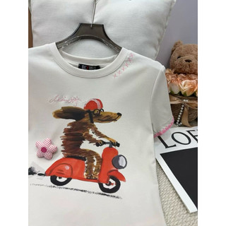 Áo phông cotton cổ tròn cộc tay viền chỉ hồng hình gấu đi xe máy form gọn #20223