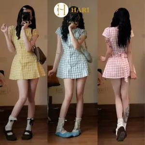 Váy Kẻ Caro Nữ Hari Cúc Bọc Dáng Suông Tay Ngắn Form Rộng 7388 P0