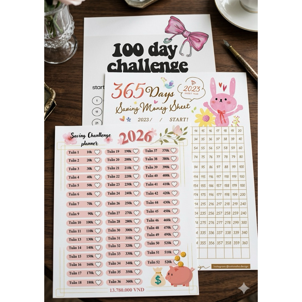 Combo 3 thẻ tiết kiệm : 365 Ngày + 52 tuần + luỹ kế 1-100