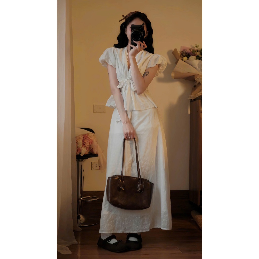 Set Áo Sơ Mi Tay Bồng Mix Chân Váy Midi Ren Thô Boil Dáng Dài Cạp Chun Có Lót Trong Style Tiểu Thư Joolate