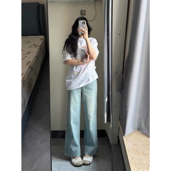 Quần jean bầu ống suông quần bầu MAMI QB1 quần bò bầu ống rộng có chun chỉnh bụng bầu chất liệu jean mềm cao cấp