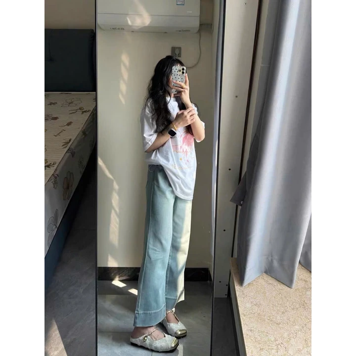 Quần jean bầu ống suông quần bầu MAMI QB1 quần bò bầu ống rộng có chun chỉnh bụng bầu chất liệu jean mềm cao cấp