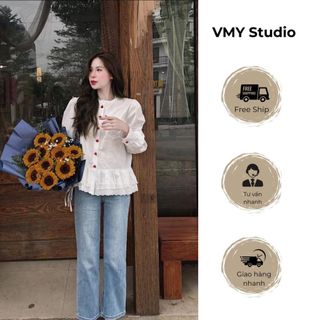 VMY Studio - Áo sơ mi trắng cổ trụ cúc tim đỏ túi ngực ren đuôi xòe tiểu thư xinh xắn trẻ trung nữ
