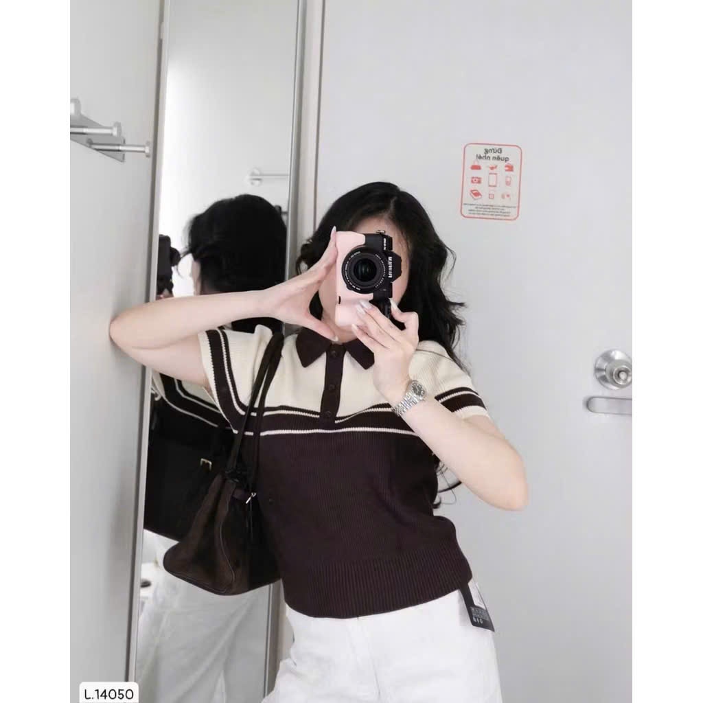 Áo len nữ cộc tay kẻ nâu chất mongtoghi co giãn A099