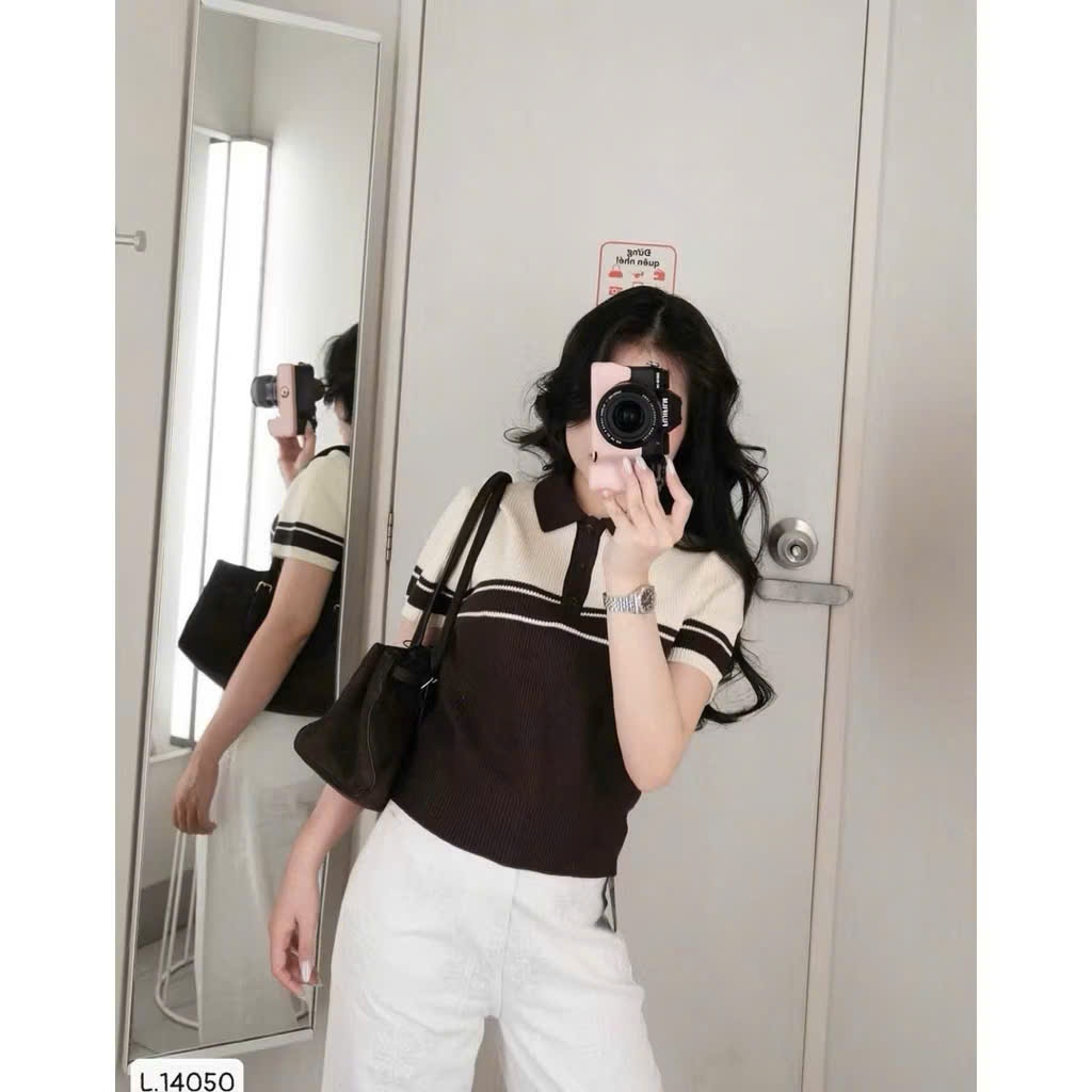 Áo len nữ cộc tay kẻ nâu chất mongtoghi co giãn A099