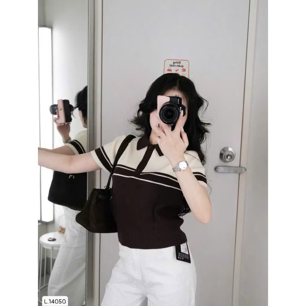 Áo len nữ cộc tay kẻ nâu chất mongtoghi co giãn A099