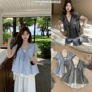 Áo ngắn tay cổ V cánh tiên chất thô đũi 21207 A096