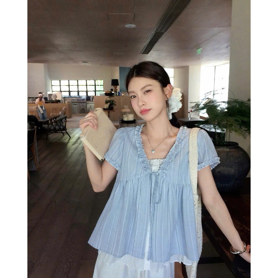 Áo ngắn tay cổ V cánh tiên chất thô đũi 21207 A096