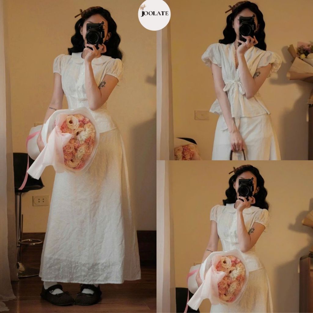 Set Áo Sơ Mi Tay Bồng Mix Chân Váy Midi Ren Thô Boil Dáng Dài Cạp Chun Có Lót Trong Style Tiểu Thư Joolate