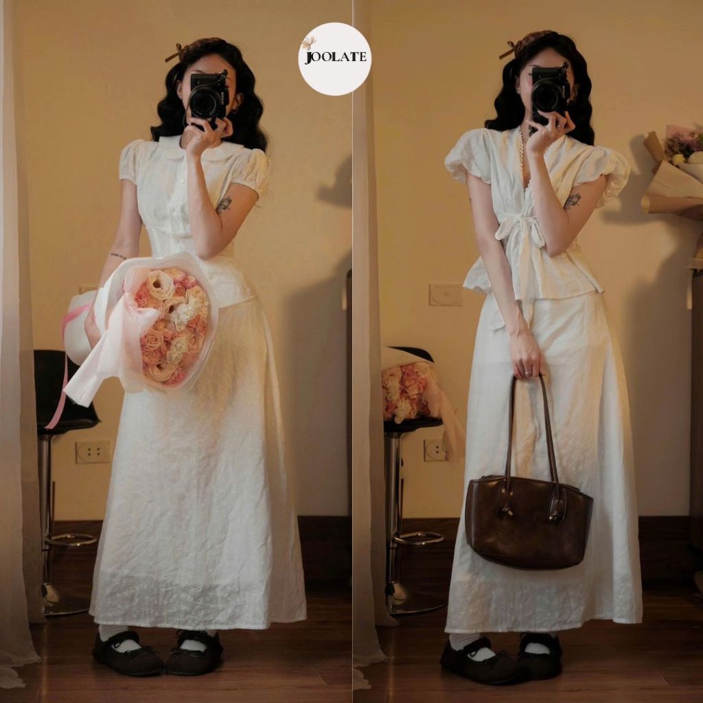 Set Áo Sơ Mi Tay Bồng Mix Chân Váy Midi Ren Thô Boil Dáng Dài Cạp Chun Có Lót Trong Style Tiểu Thư Joolate