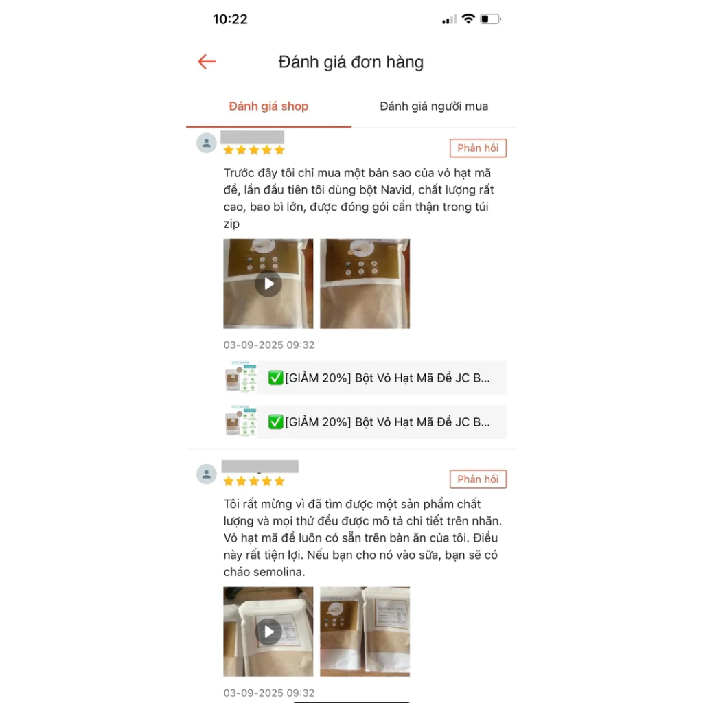 Đánh giá của người mua bột vỏ hạt mã đề trên Shopee