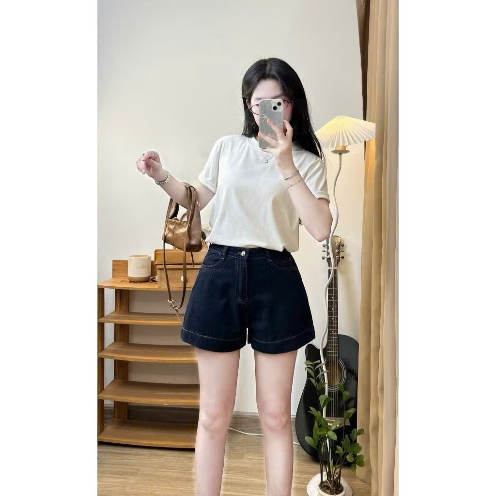 Quần Short Jeans Chỉ Nổi Màu Xanh Than Basic Cá Tính Lưng Cao Basic Joolate