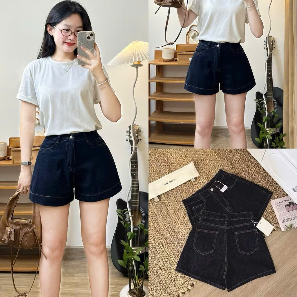 Quần Short Jeans Chỉ Nổi Màu Xanh Than Basic Cá Tính Lưng Cao Basic Joolate