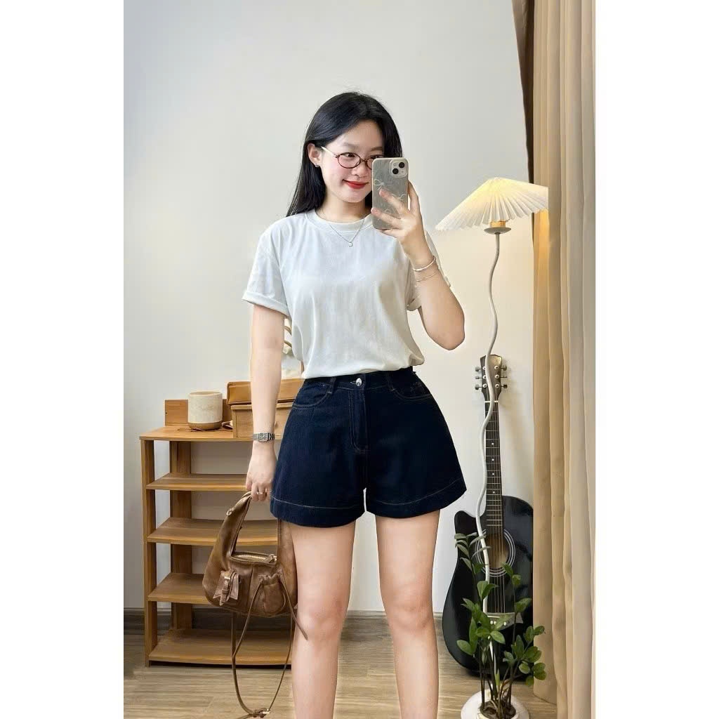 Quần Short Jeans Chỉ Nổi Màu Xanh Than Basic Cá Tính Lưng Cao Basic Joolate