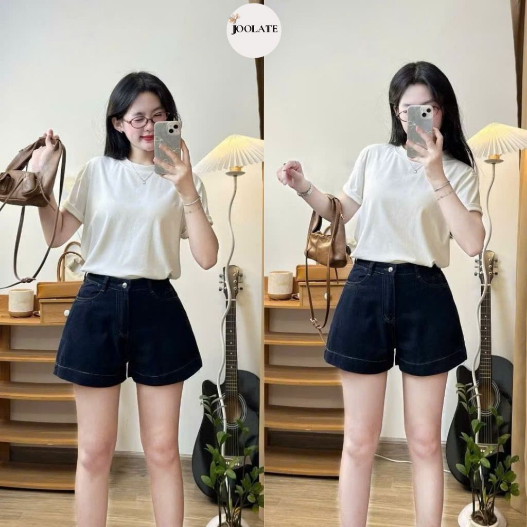 Quần short jeans mềm nữ to gấu lưng cao basic Joolate - quần sooc jean nữ cạp cao