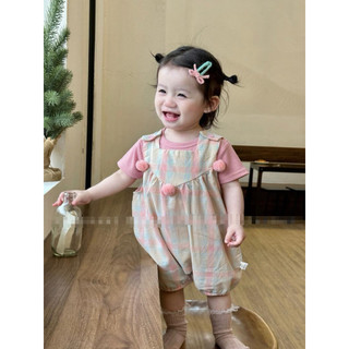 Set quần yếm hồng kẻ phối áo thun hồng cho bé gái