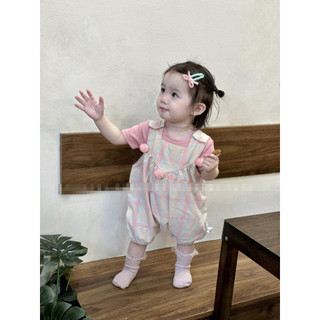 Set quần yếm hồng kẻ phối áo thun hồng cho bé gái
