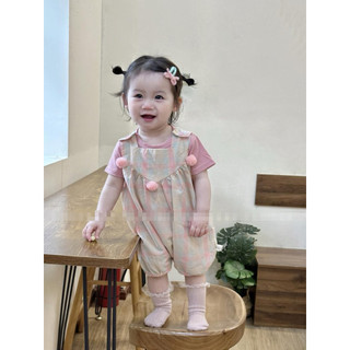 Set quần yếm hồng kẻ phối áo thun hồng cho bé gái