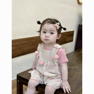 Set quần yếm hồng kẻ phối áo thun hồng cho bé gái