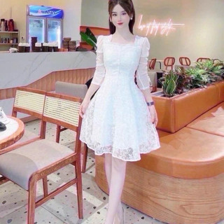 Đầm ren tay phồng dây rút chân A tiểu thư siêu xinh