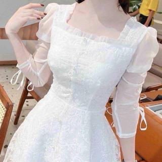 Đầm ren tay phồng dây rút chân A tiểu thư siêu xinh