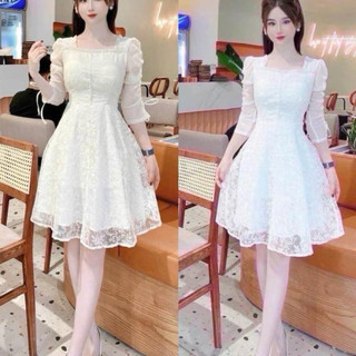 Đầm ren tay phồng dây rút chân A tiểu thư siêu xinh