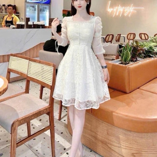 Đầm ren tay phồng dây rút chân A tiểu thư siêu xinh