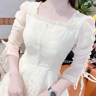 Đầm ren tay phồng dây rút chân A tiểu thư siêu xinh