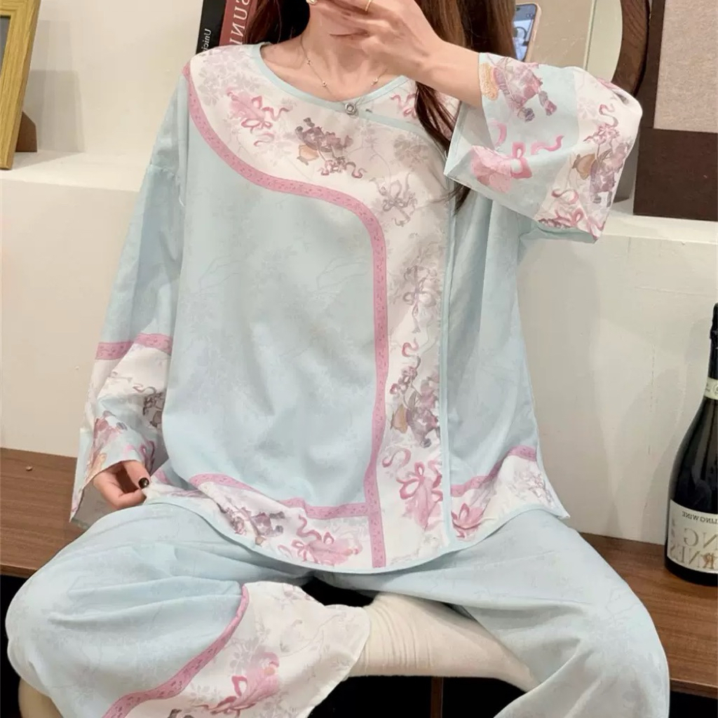 Bộ Đồ Ngủ Nữ Tay Dài Phối Viền Hoa, Quần Dài Phong Cách Trung Hoa Mặc Nhà Form Rộng