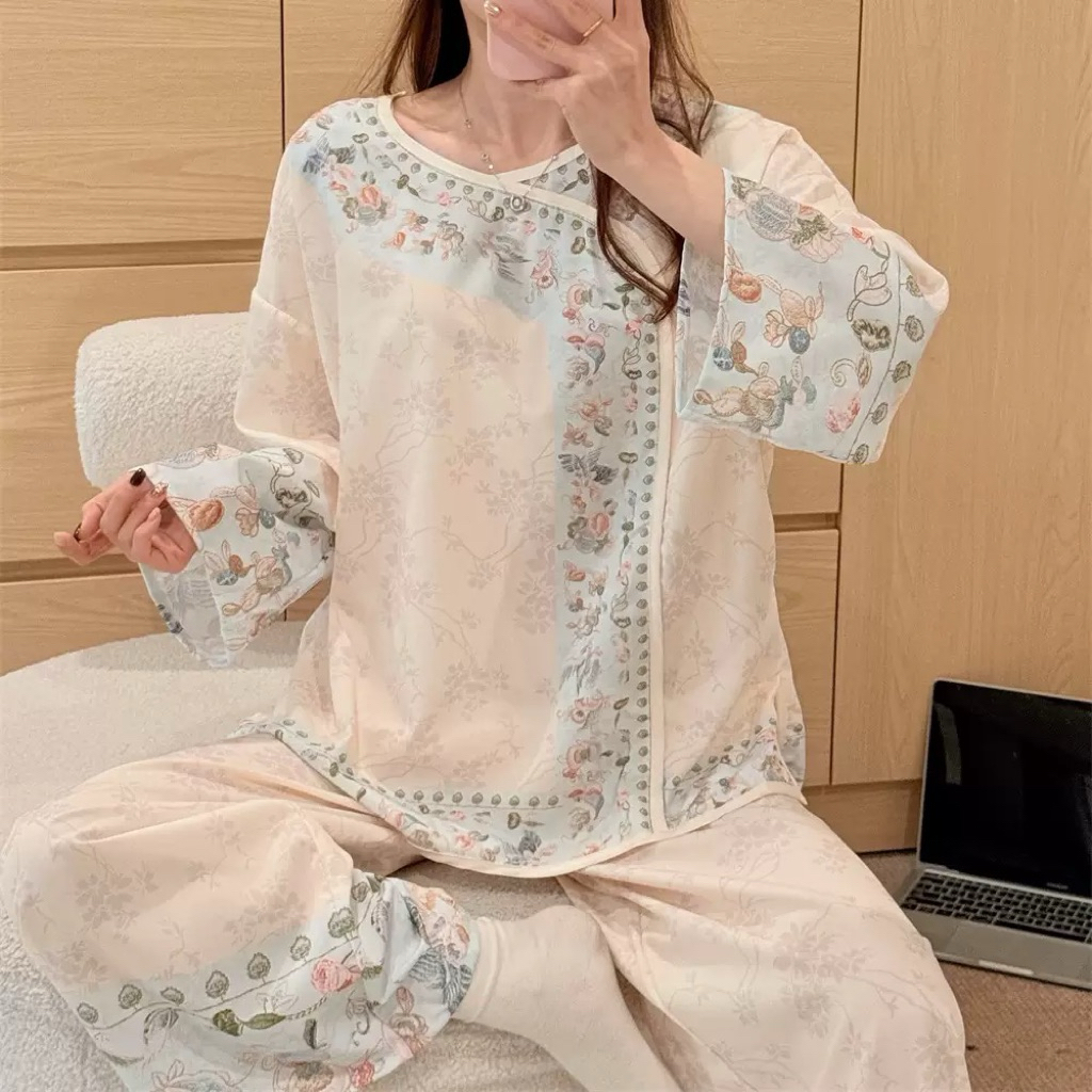 Bộ Đồ Ngủ Nữ Tay Dài Phối Viền Hoa, Quần Dài Phong Cách Trung Hoa Mặc Nhà Form Rộng