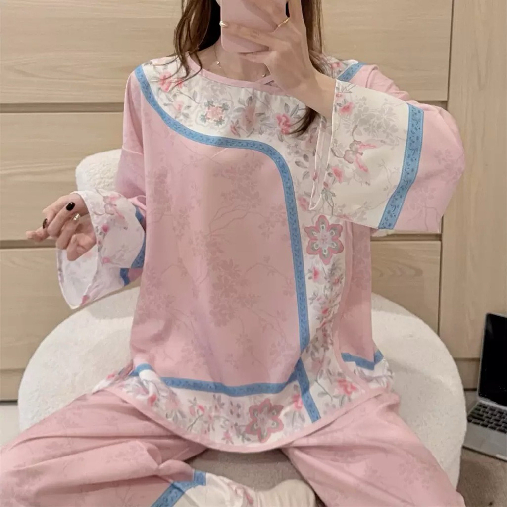 Bộ Đồ Ngủ Nữ Tay Dài Phối Viền Hoa, Quần Dài Phong Cách Trung Hoa Mặc Nhà Form Rộng