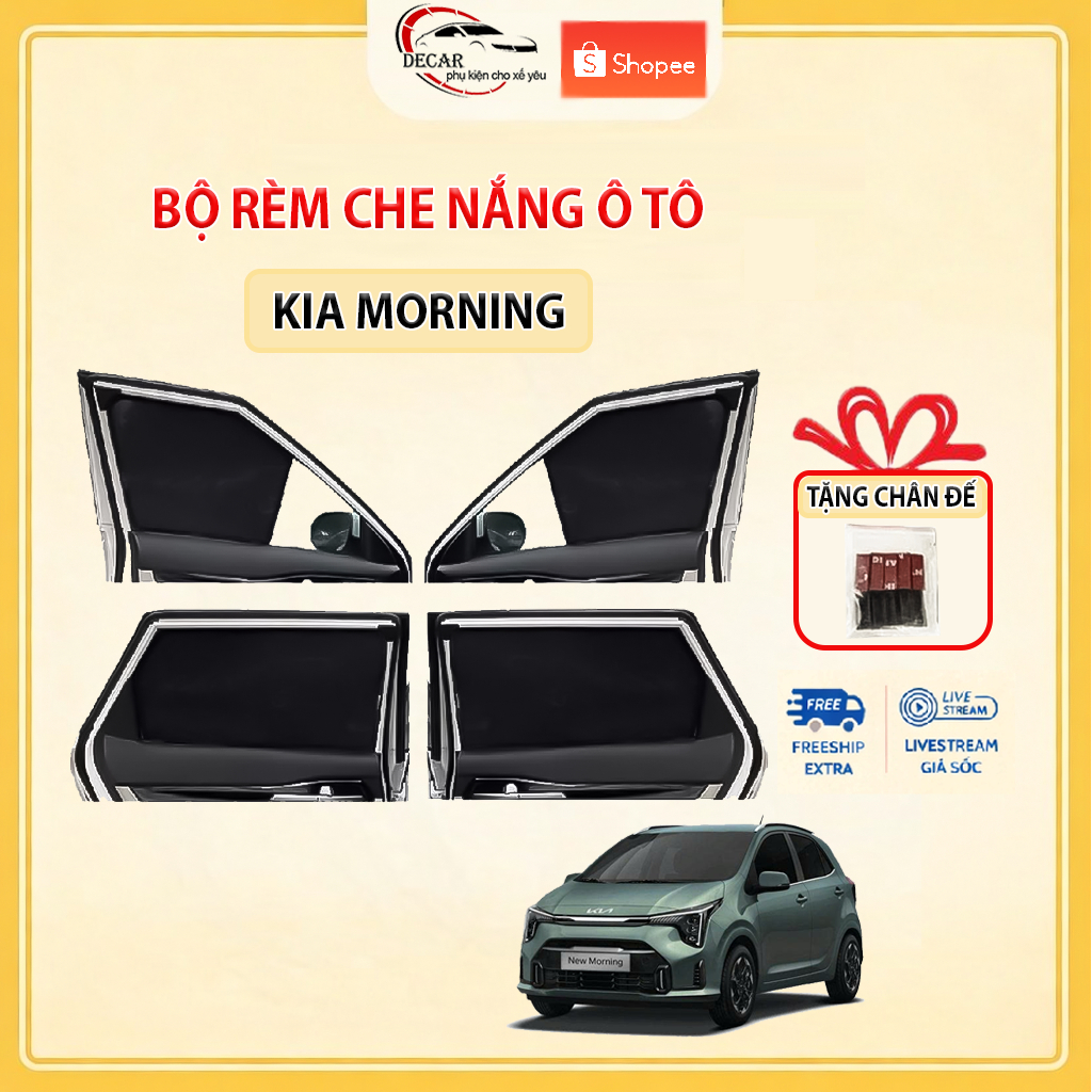 Rèm Che Nắng Ô Tô Hít Nam Châm Kia Morning - Bộ 4 Tấm Rèm Chắn Nắng Cửa Kính Xe Hơi Chống Tia UV