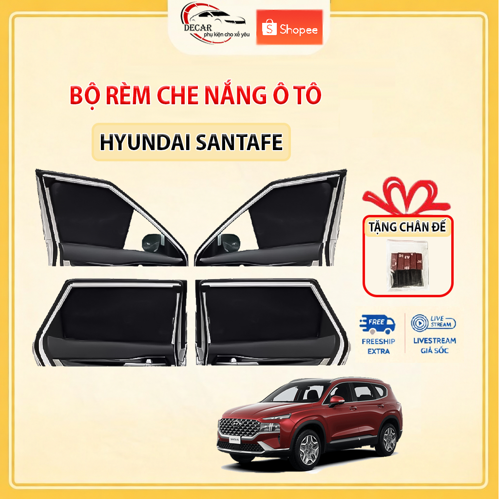 Rèm Che Nắng Ô Tô Hít Nam Châm Hyundai Santafe - Bộ 4 Tấm Chắn Nắng Cửa Kính Xe Hơi Chống Tia UV