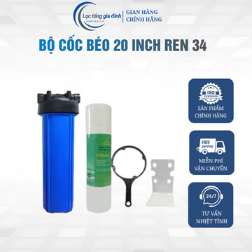 Bộ cốc béo lọc nước 20 inch ren 34 cốc lọc nước sinh hoạt (kèm tay vặn, giá đỡ)