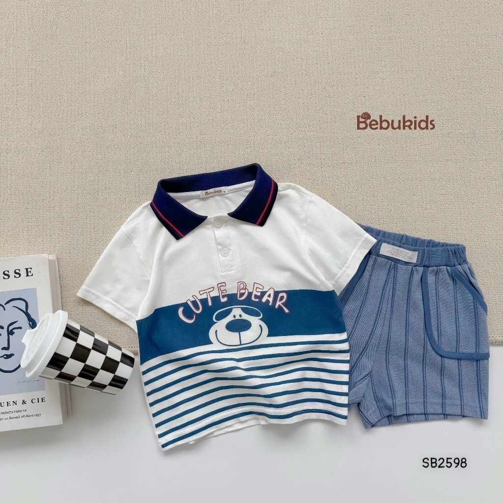 Set polo cổ dệt Cute Bear Bebukids chất liệu cotton 2 chiều cho bé trai 8-21kg