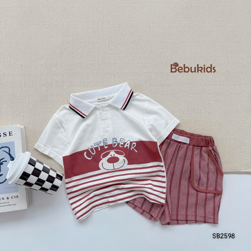 Set polo cổ dệt Cute Bear Bebukids chất liệu cotton 2 chiều cho bé trai 8-21kg