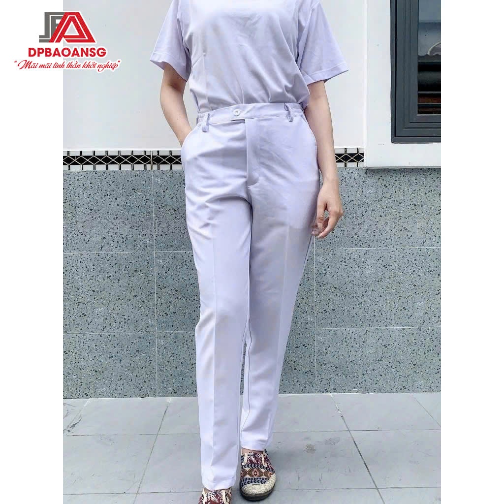 Quần Blouse Trắng Nhún Thun Vải Cotton Hàn – Form Nữ Dùng Trong Môi Trường Y Tế