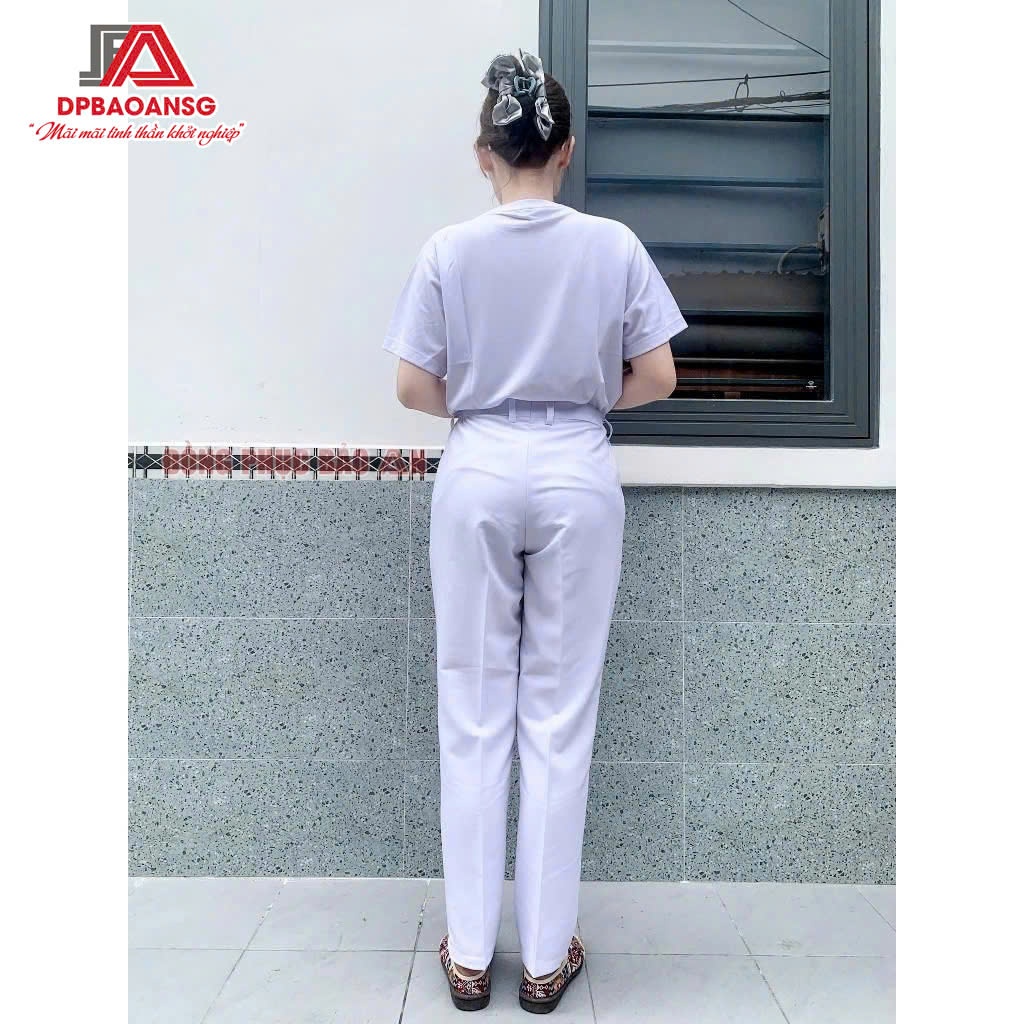 Quần Blouse Trắng Nhún Thun Vải Cotton Hàn – Form Nữ Dùng Trong Môi Trường Y Tế