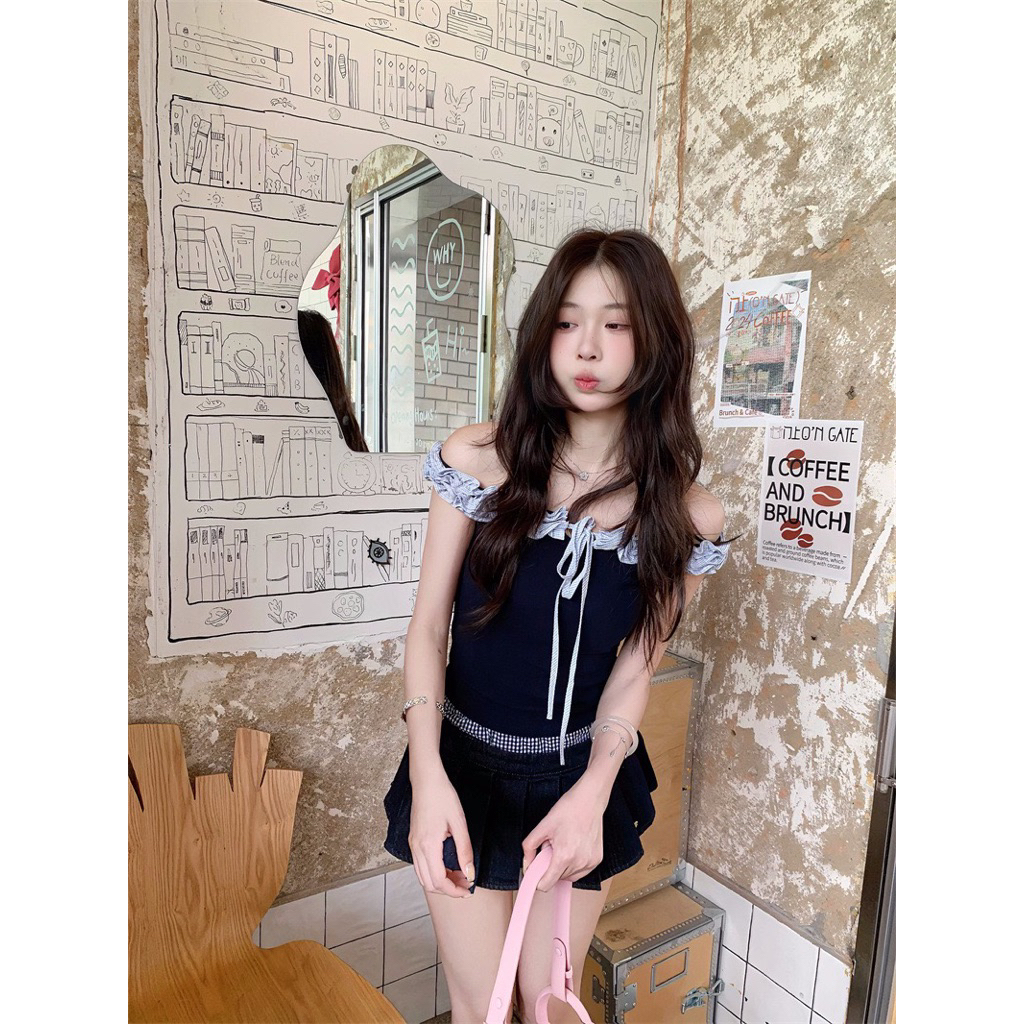 Áo trễ vai nữ sexy phối màu body ôm dáng style xinh xắn đi chơi