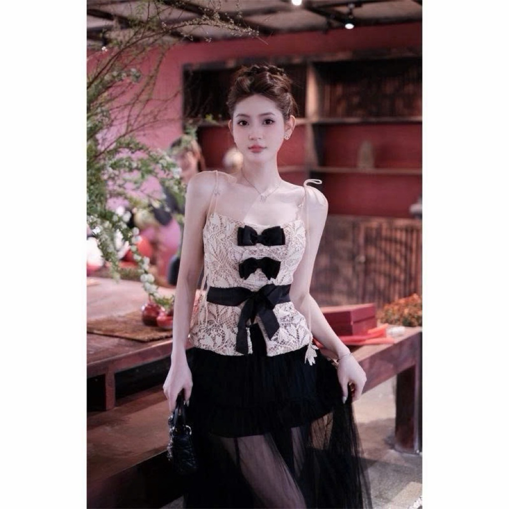 [Sẵn S] Sét áo 2 dây đính nơ kèm váy xoè dài S30 SM