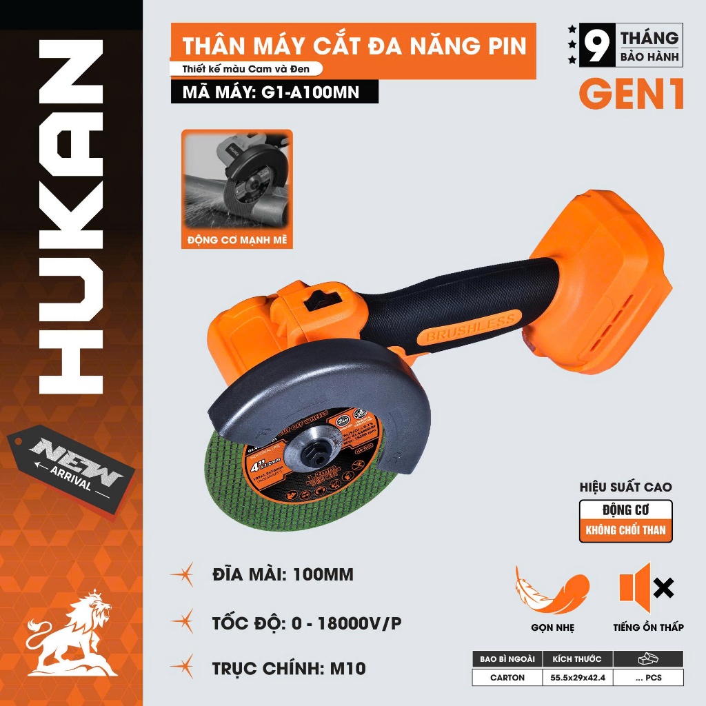 Thân Máy Cắt Đa Năng HUKAN G1-A100MN | Đĩa Mài 100mm, 21V, Động Cơ Không Chổi Than, Cắt Sắt Gỗ Nhựa Gạch Cầm Tay