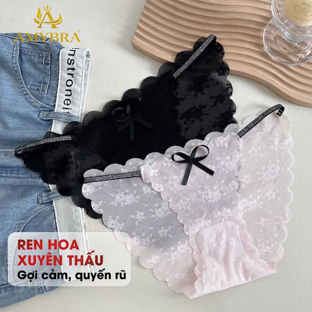 [ MẪU MỚI 2026 ] Quần Lót Ren Xuyên Thấu Quyến Rũ, Quần Chip Ren Nữ Đính Nơ Mềm Mại AMYBRA L1006